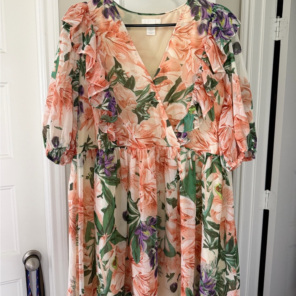 H&M Cream Floral Midi Dress with Peach & Green Accents